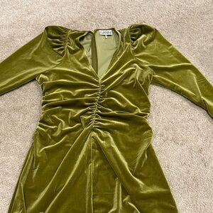 Ganni Long Sleeve Velvet Dress in Olive